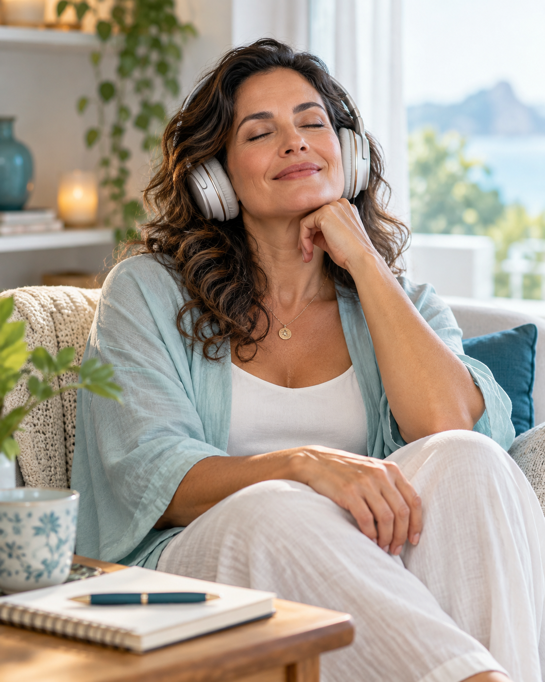 Mulher ouvindo uma prática guiada com fones de ouvido